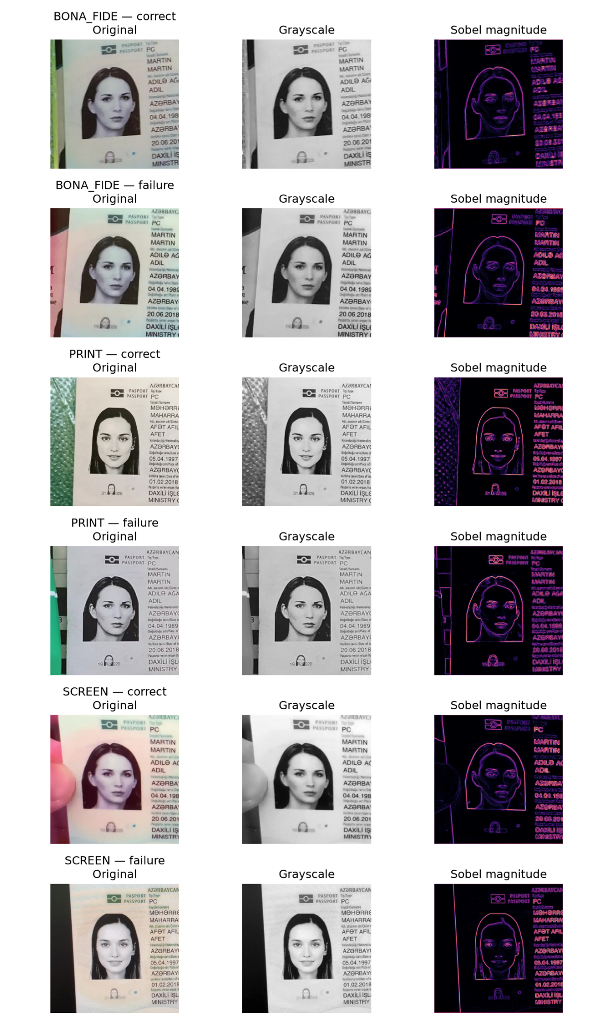 M5 forensic grid comparing original identity-document crops, grayscale conversions, and Sobel magnitude maps for correct and failed examples across three classes